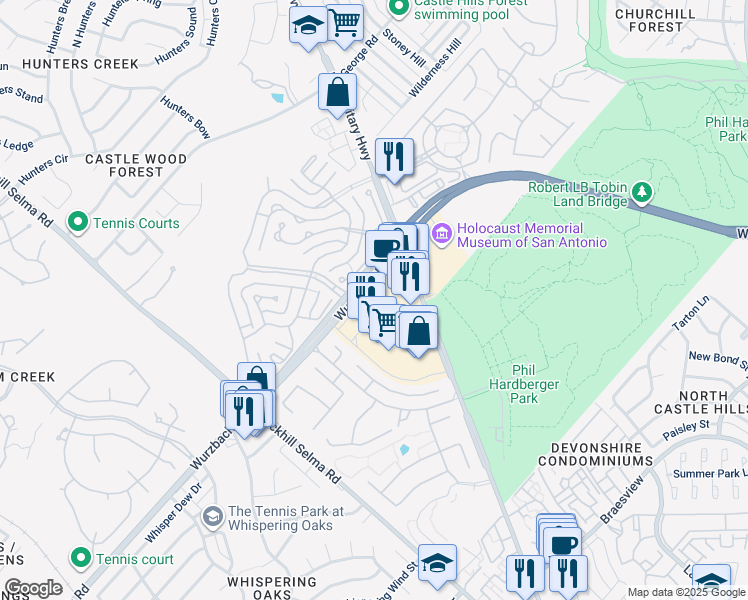 map of restaurants, bars, coffee shops, grocery stores, and more near 11503 Northwest Military Highway in San Antonio
