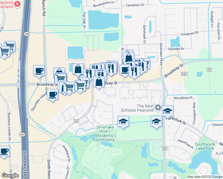 map of restaurants, bars, coffee shops, grocery stores, and more near 10000 Broadway Street in Pearland