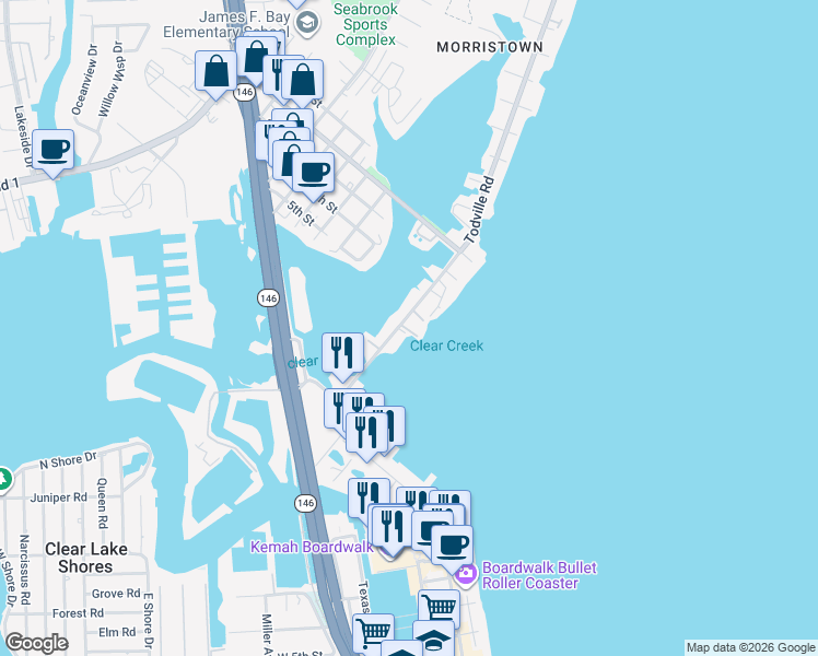 map of restaurants, bars, coffee shops, grocery stores, and more near 18 5th Street in Seabrook