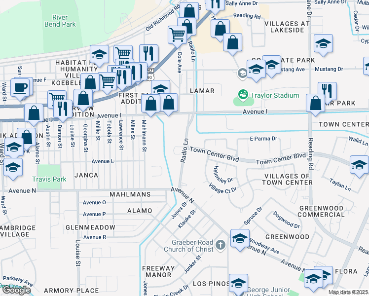 map of restaurants, bars, coffee shops, grocery stores, and more near 1201 Radio Lane in Rosenberg