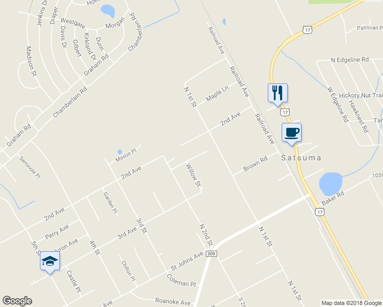 map of restaurants, bars, coffee shops, grocery stores, and more near 110 Camellia Place in Satsuma