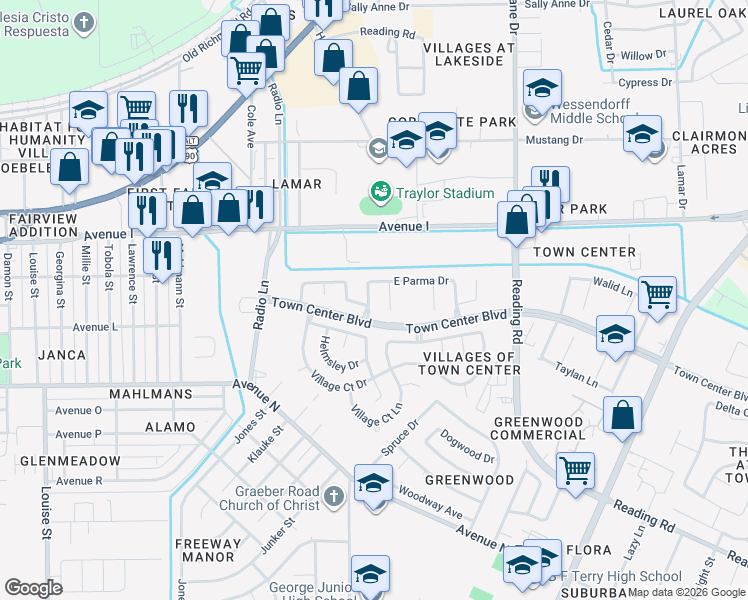 map of restaurants, bars, coffee shops, grocery stores, and more near 1207 Hannover Boulevard in Rosenberg