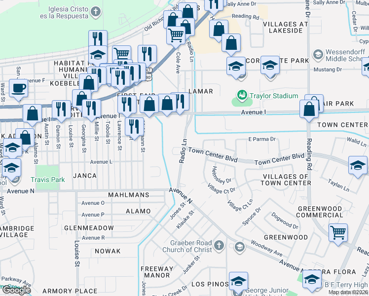 map of restaurants, bars, coffee shops, grocery stores, and more near 1220 Radio Lane in Rosenberg