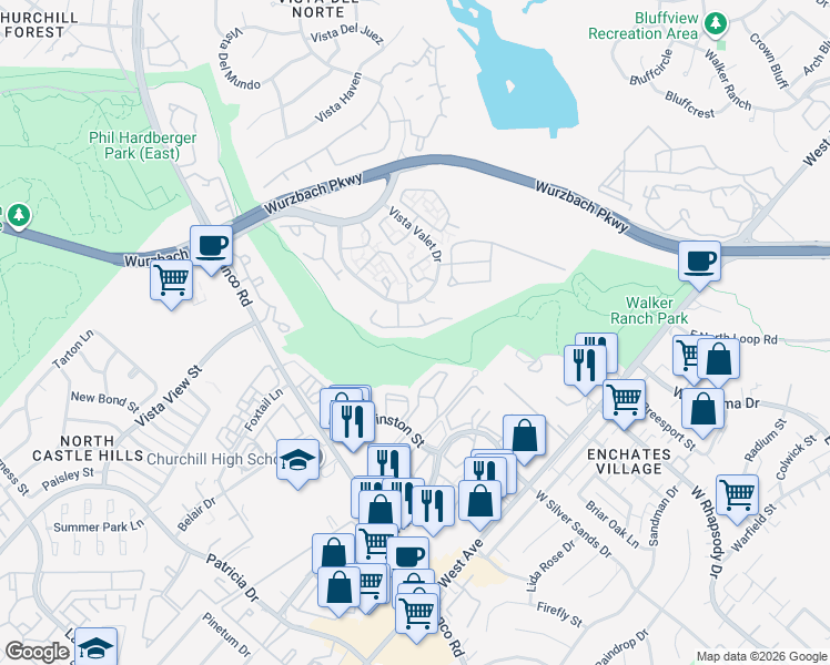 map of restaurants, bars, coffee shops, grocery stores, and more near 12607 Mountain Alder in San Antonio