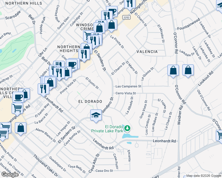 map of restaurants, bars, coffee shops, grocery stores, and more near 13002 Los Espanada Street in San Antonio