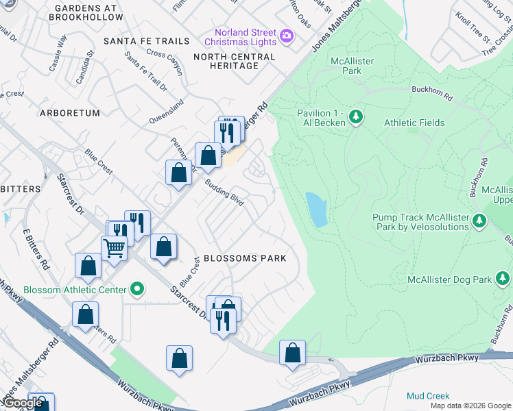 map of restaurants, bars, coffee shops, grocery stores, and more near 12249 Lemon Blossom Street in San Antonio