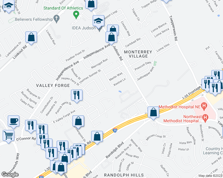 map of restaurants, bars, coffee shops, grocery stores, and more near 6402 Kestrel Lane in San Antonio
