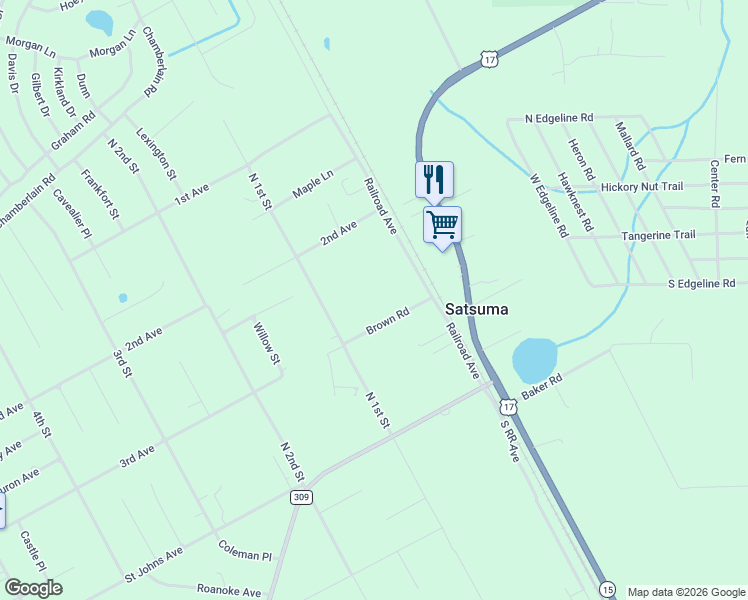 map of restaurants, bars, coffee shops, grocery stores, and more near 208 North 1st Street in Satsuma