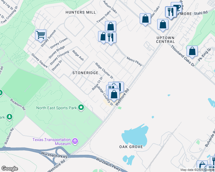 map of restaurants, bars, coffee shops, grocery stores, and more near 12218 Ridge Corner Street in San Antonio