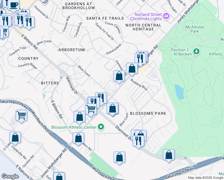 map of restaurants, bars, coffee shops, grocery stores, and more near 12511 Jones Maltsberger Road in San Antonio