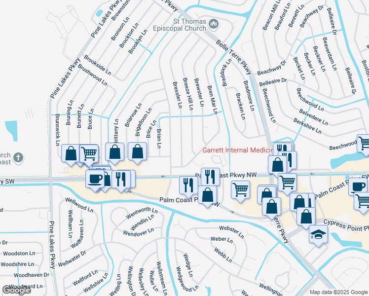 map of restaurants, bars, coffee shops, grocery stores, and more near 30 Bressler Lane in Palm Coast