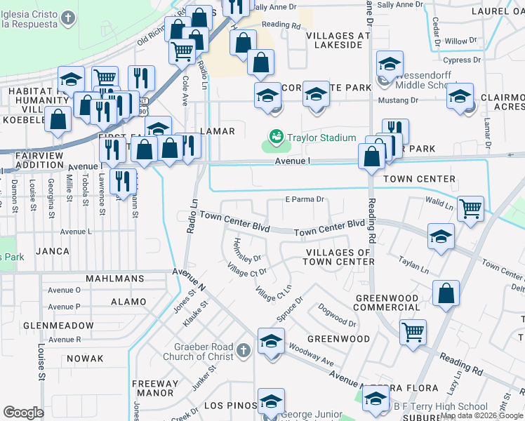 map of restaurants, bars, coffee shops, grocery stores, and more near 1210 Hannover Boulevard in Rosenberg
