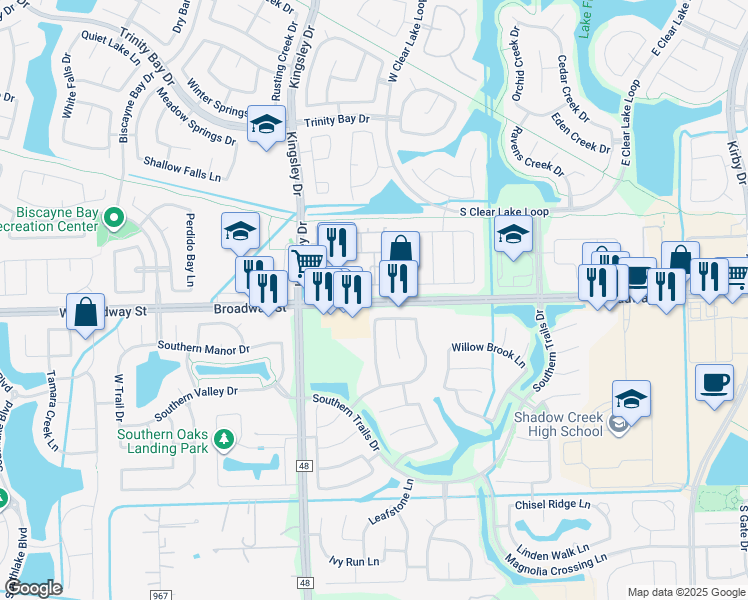 map of restaurants, bars, coffee shops, grocery stores, and more near 1315 West Broadway Street in Pearland