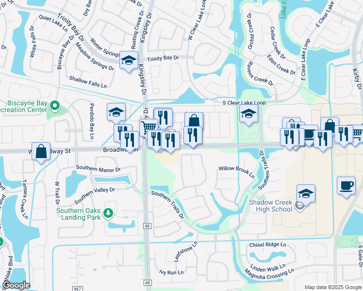 map of restaurants, bars, coffee shops, grocery stores, and more near 1317 West Broadway Street in Pearland
