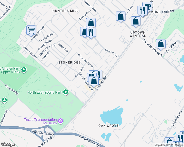 map of restaurants, bars, coffee shops, grocery stores, and more near 12218 Ridge Corner Street in San Antonio