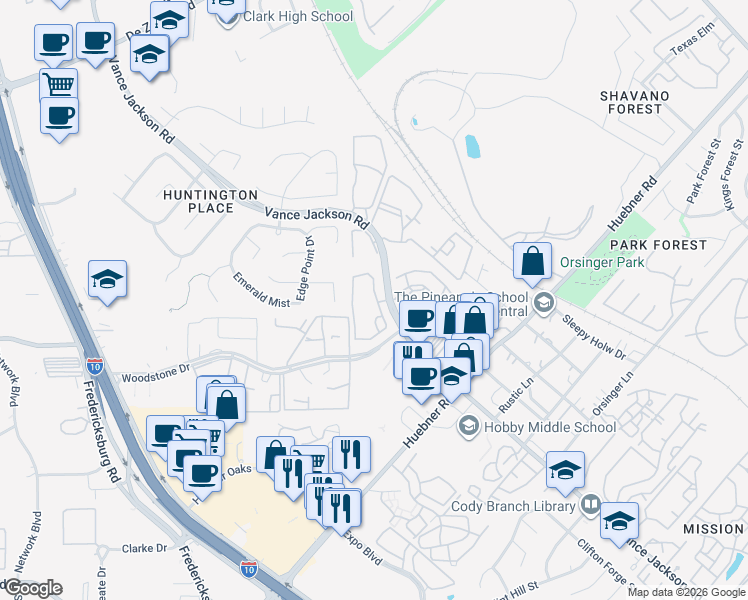 map of restaurants, bars, coffee shops, grocery stores, and more near 12222 Vance Jackson Road in San Antonio