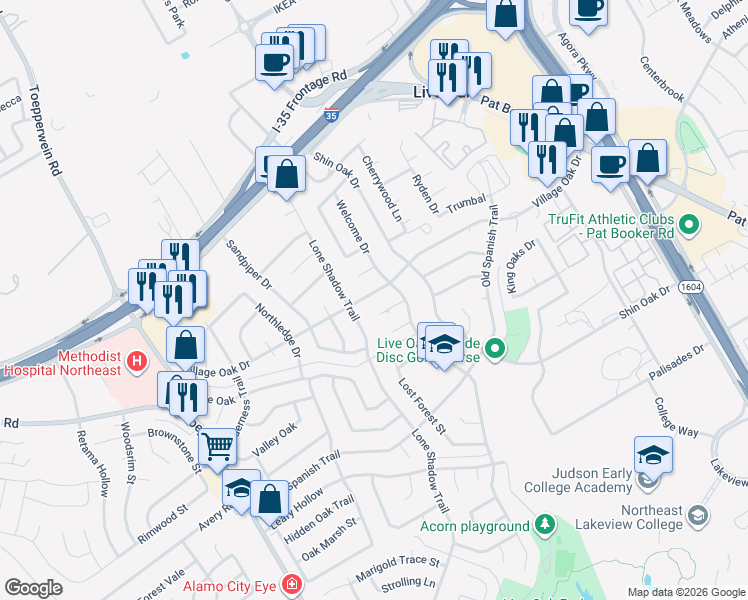 map of restaurants, bars, coffee shops, grocery stores, and more near 114 High Vista Street in San Antonio