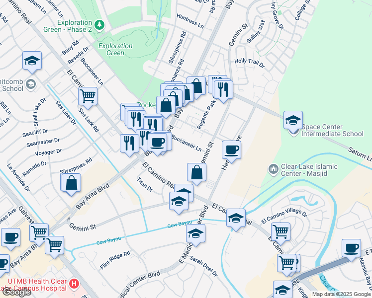 map of restaurants, bars, coffee shops, grocery stores, and more near 16821 Buccaneer Lane in Houston