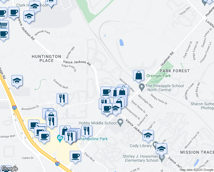 map of restaurants, bars, coffee shops, grocery stores, and more near 12222 Vance Jackson Road in San Antonio