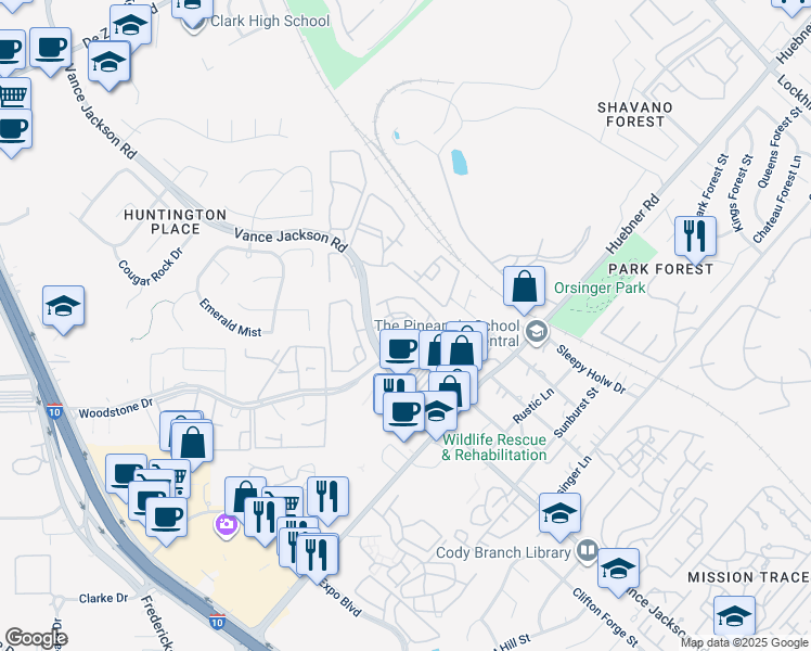 map of restaurants, bars, coffee shops, grocery stores, and more near 12222 Vance Jackson Road in San Antonio