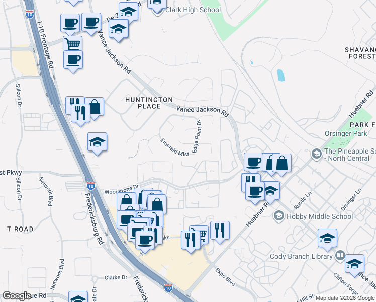map of restaurants, bars, coffee shops, grocery stores, and more near 1915 Enero Park in San Antonio