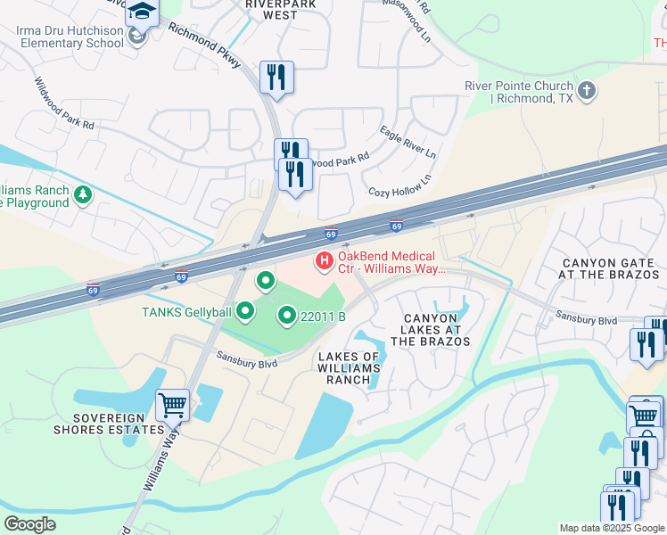 map of restaurants, bars, coffee shops, grocery stores, and more near 22001 Southwest Freeway in Richmond