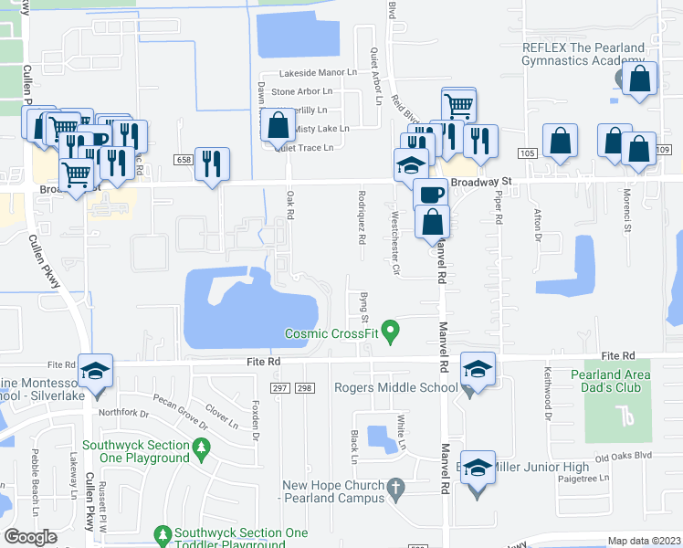 map of restaurants, bars, coffee shops, grocery stores, and more near 2958 Dantin Street in Pearland