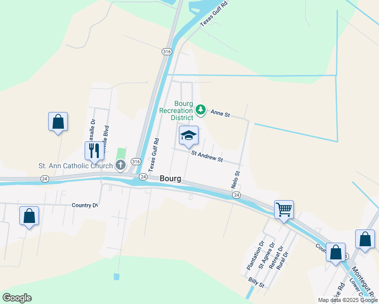 map of restaurants, bars, coffee shops, grocery stores, and more near 4413 Saint Andrew Street in Bourg