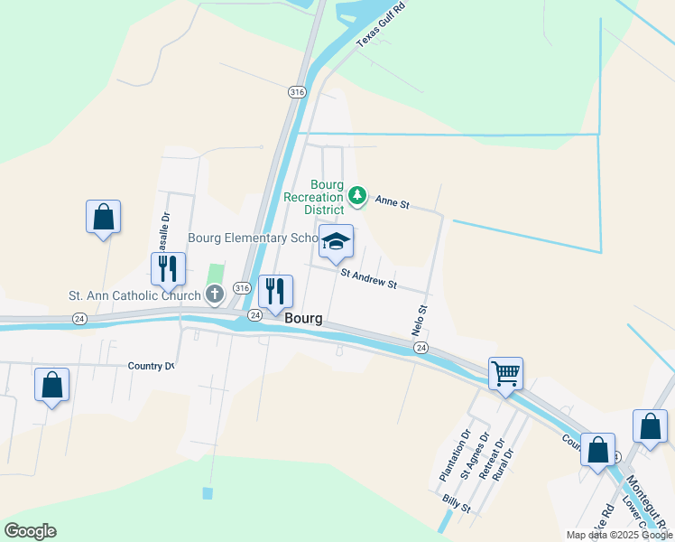 map of restaurants, bars, coffee shops, grocery stores, and more near 4413 Saint Andrew Street in Bourg