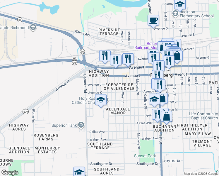 map of restaurants, bars, coffee shops, grocery stores, and more near 1200 Frost Street in Rosenberg