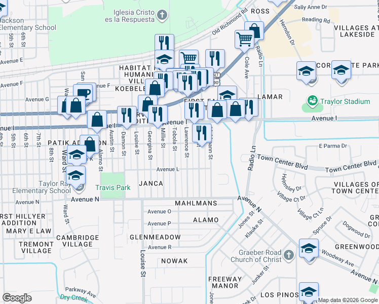map of restaurants, bars, coffee shops, grocery stores, and more near 1202 Lawrence Street in Rosenberg