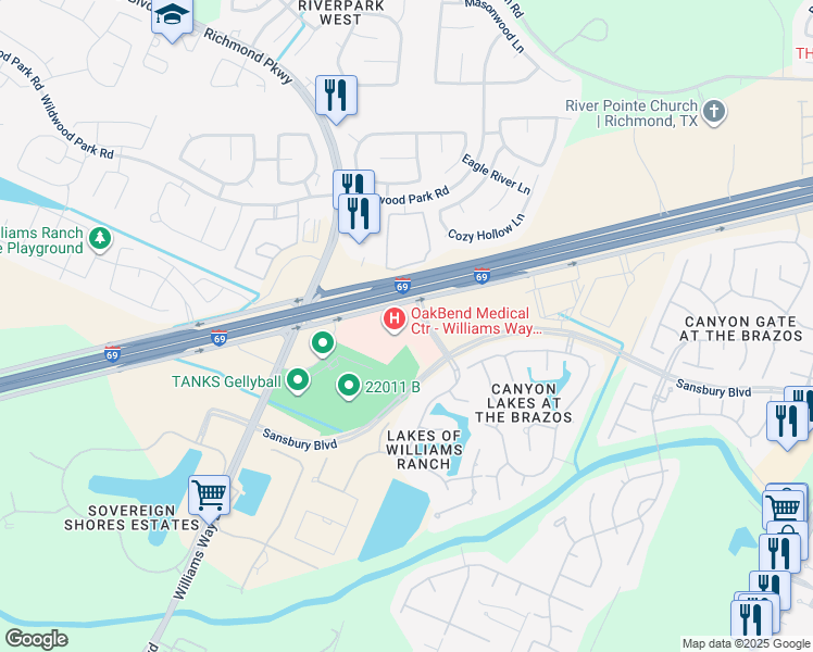 map of restaurants, bars, coffee shops, grocery stores, and more near 22001 Southwest Freeway in Richmond