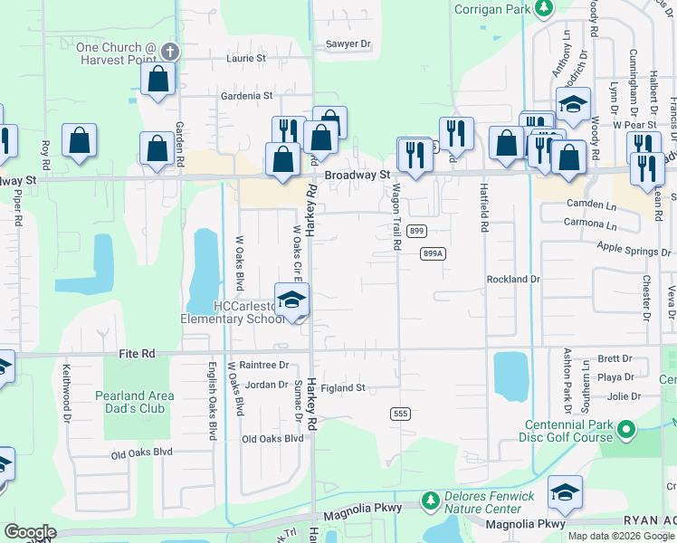 map of restaurants, bars, coffee shops, grocery stores, and more near 2821 Harkey Road in Pearland