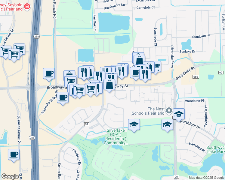 map of restaurants, bars, coffee shops, grocery stores, and more near 10108 Broadway Street in Pearland