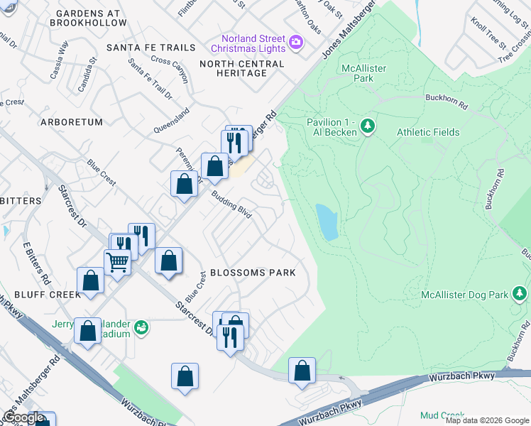 map of restaurants, bars, coffee shops, grocery stores, and more near 12251 Lemon Blossom in San Antonio
