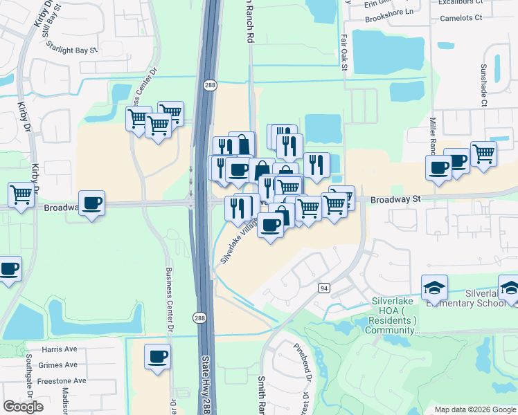 map of restaurants, bars, coffee shops, grocery stores, and more near 10517 Broadway street in Pearland