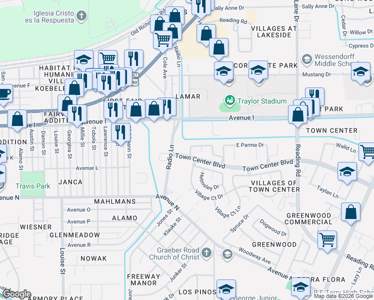 map of restaurants, bars, coffee shops, grocery stores, and more near 4401 Cambay Drive in Rosenberg