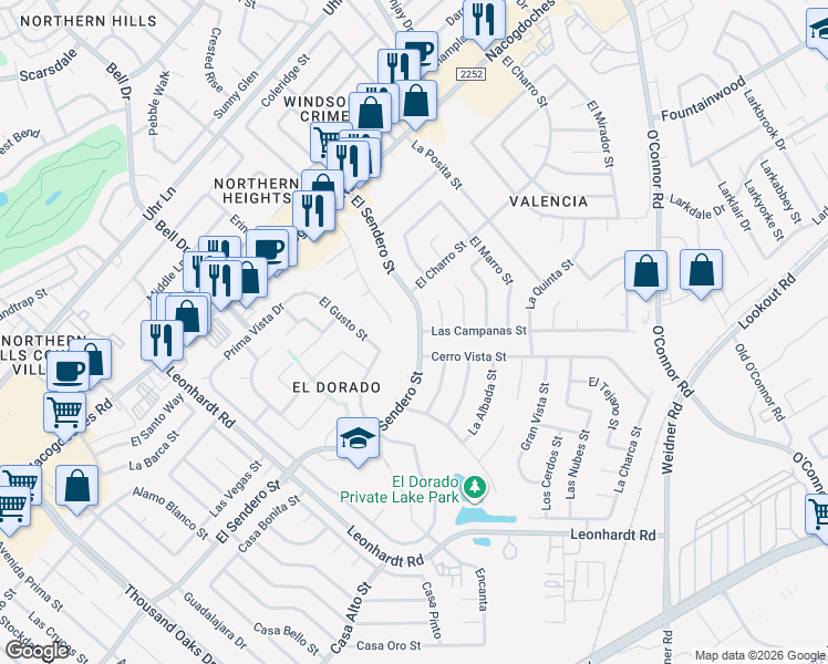 map of restaurants, bars, coffee shops, grocery stores, and more near 13002 Los Espanada Street in San Antonio