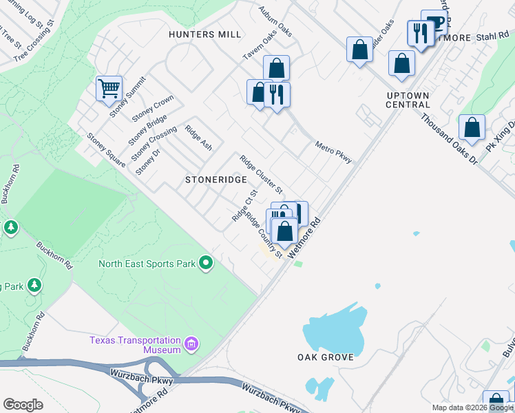 map of restaurants, bars, coffee shops, grocery stores, and more near 12211 Ridge Court Street in San Antonio