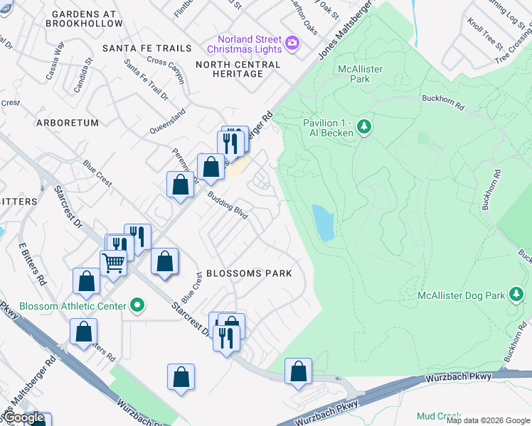map of restaurants, bars, coffee shops, grocery stores, and more near 12249 Lemon Blossom Street in San Antonio