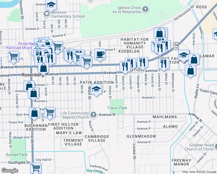 map of restaurants, bars, coffee shops, grocery stores, and more near 2814 Avenue J in Rosenberg