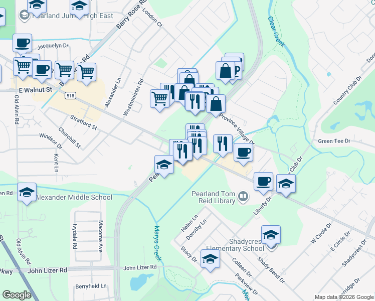 map of restaurants, bars, coffee shops, grocery stores, and more near Broadway St & Pearland Pkwy in Pearland