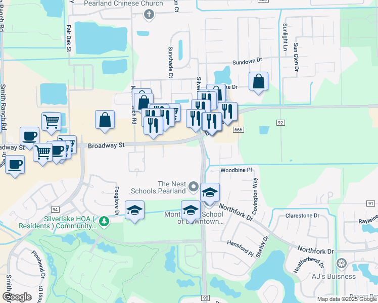 map of restaurants, bars, coffee shops, grocery stores, and more near 9530 Broadway Street in Pearland