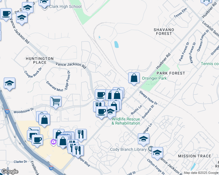 map of restaurants, bars, coffee shops, grocery stores, and more near 12222 Vance Jackson Road in San Antonio