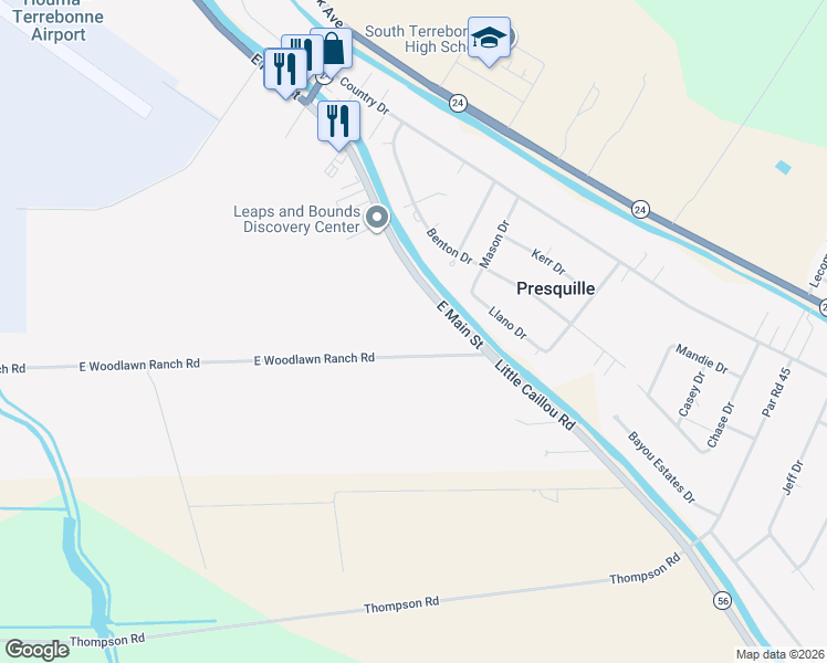map of restaurants, bars, coffee shops, grocery stores, and more near 783 East Woodlawn Ranch Road in Houma