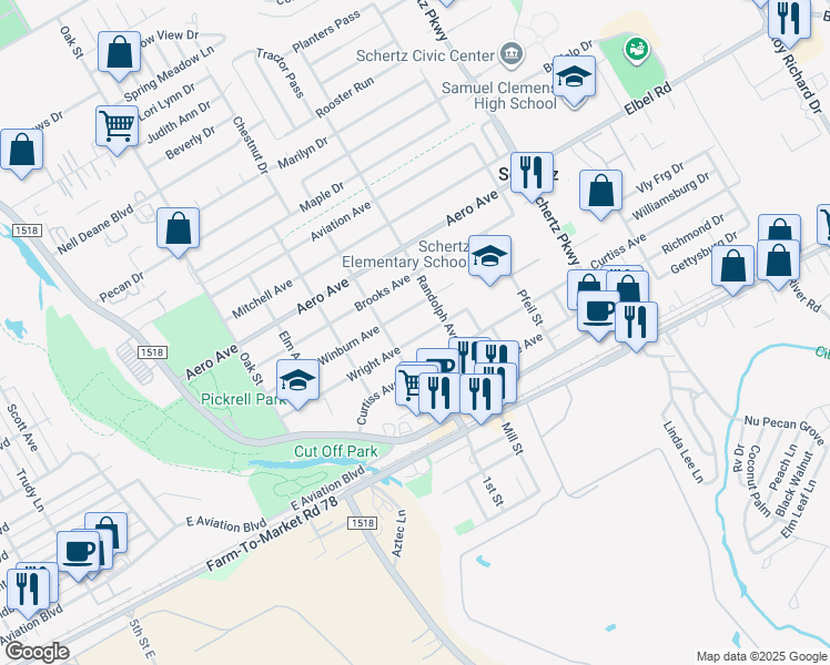 map of restaurants, bars, coffee shops, grocery stores, and more near 500 Winburn Avenue in Schertz