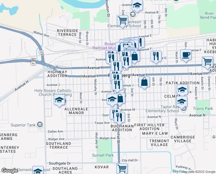 map of restaurants, bars, coffee shops, grocery stores, and more near 1208 Houston Street in Rosenberg