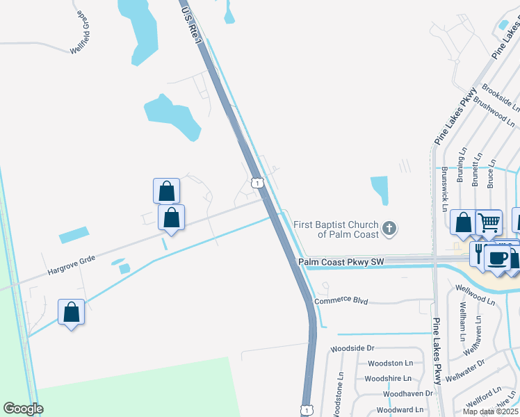 map of restaurants, bars, coffee shops, grocery stores, and more near 1 Hargrove Grade in Palm Coast