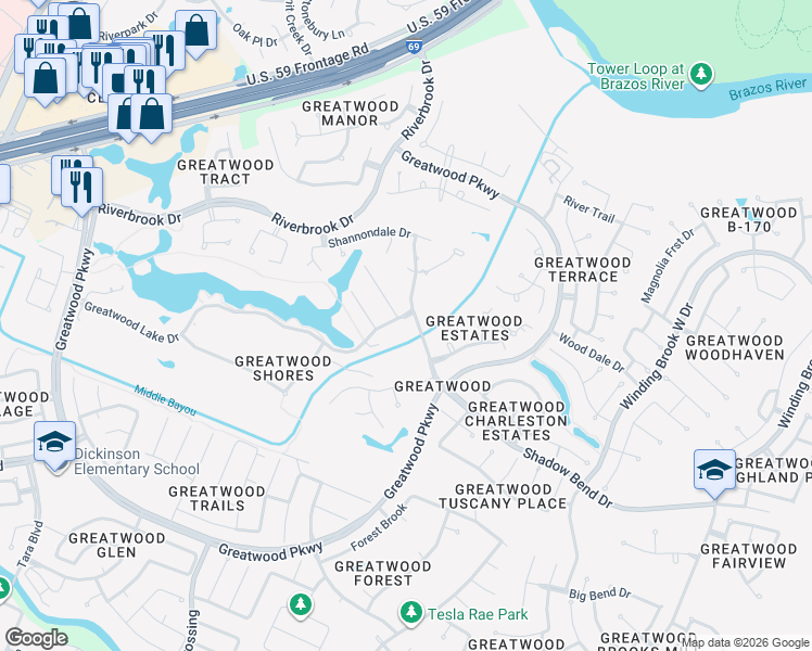 map of restaurants, bars, coffee shops, grocery stores, and more near 7638 Greatwood Lake Drive in Sugar Land