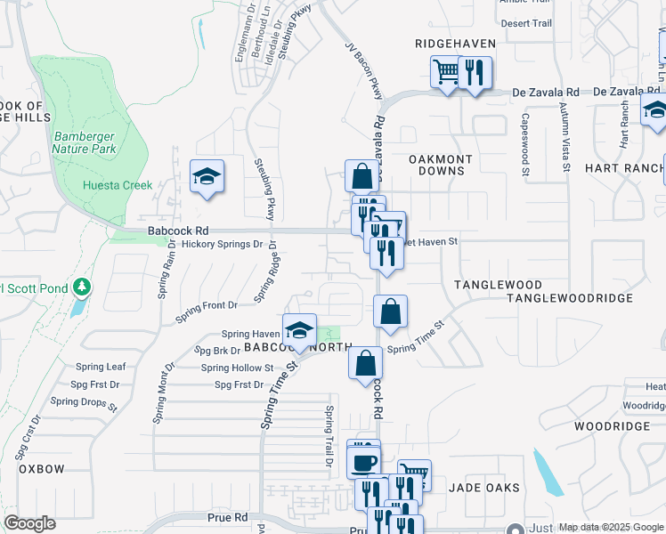 map of restaurants, bars, coffee shops, grocery stores, and more near 6710 Babcock Road in San Antonio